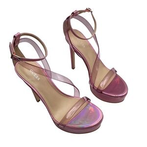 Guess Casilda Pink Iridescent Metallic Platform Sandals Clear Straps Heels 8M